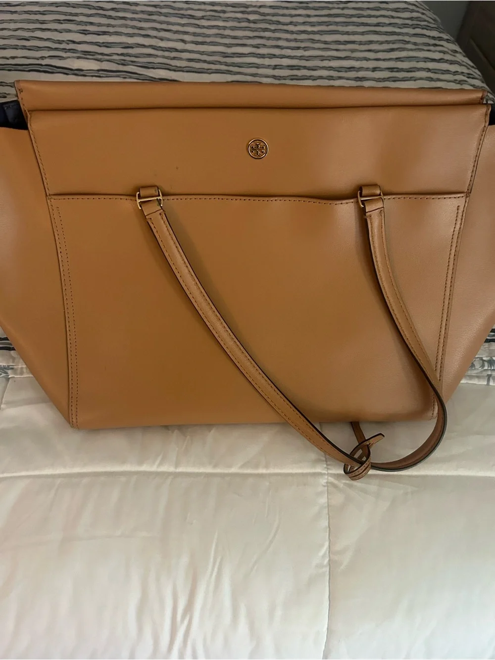 Tory Burch Caramel Leather Tote with Gold Logo